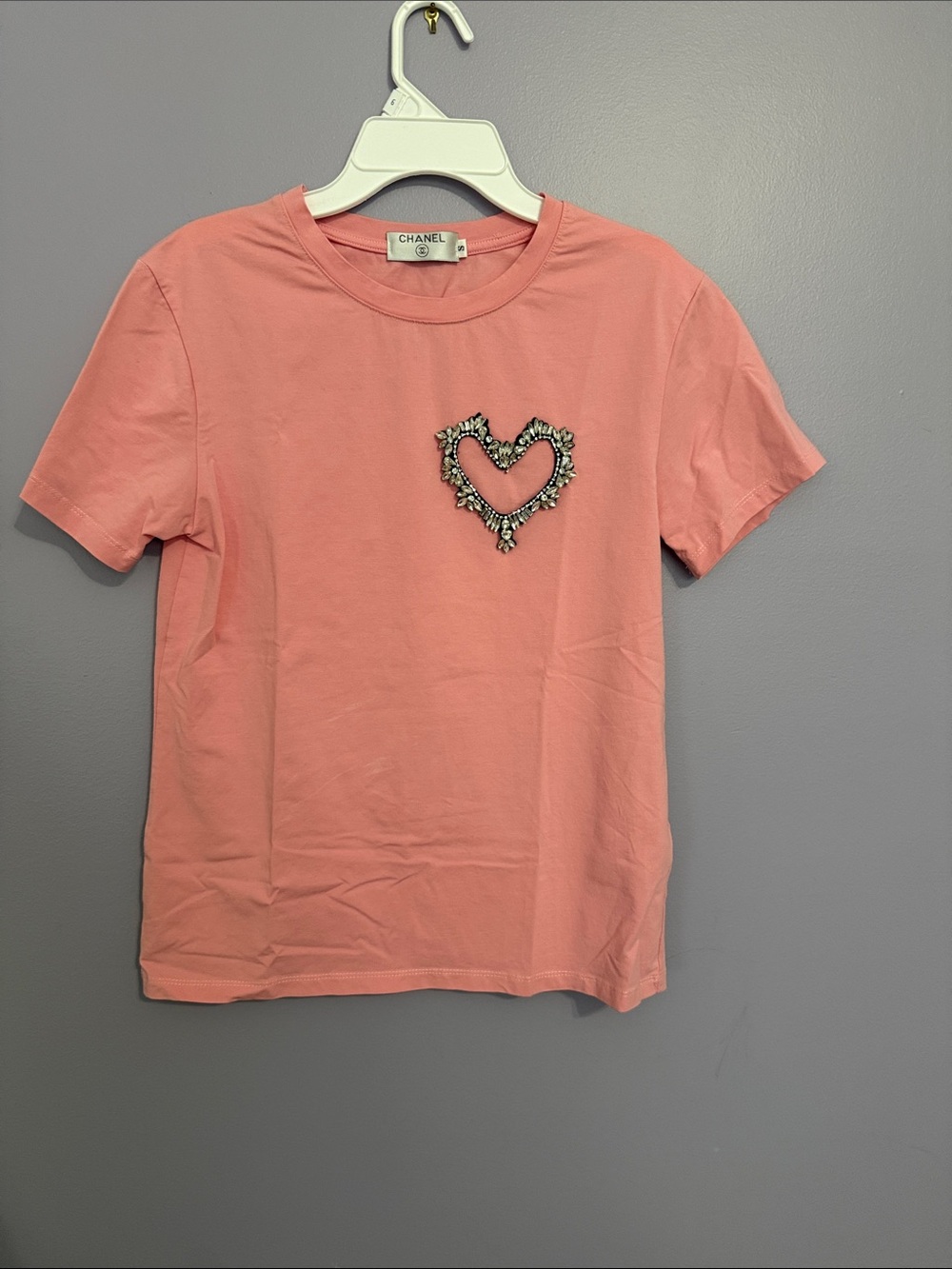 Girls Coral Pink Jewel Heart Short Sleeve Tee